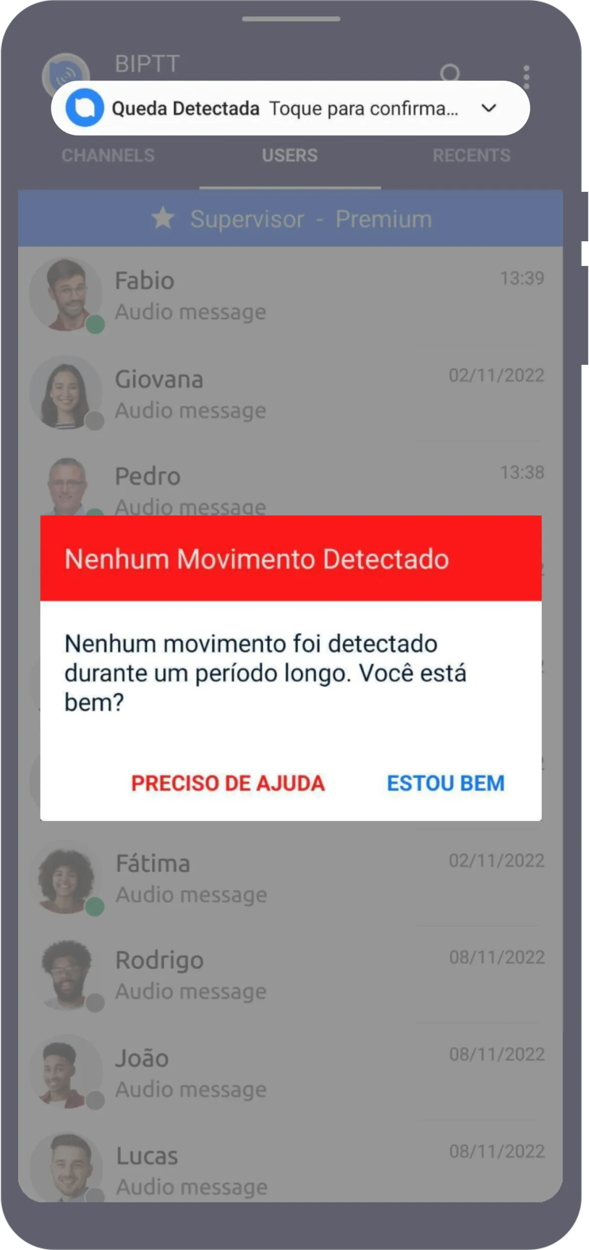 Tela de detecção de não movimento