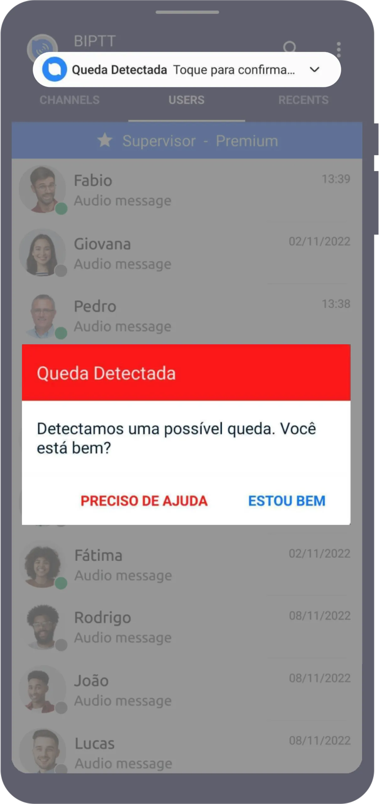 Tela de detecção de quedas (Man Down)